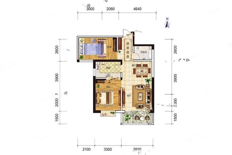 永生紫御华府2室2厅1卫95.5㎡户型图