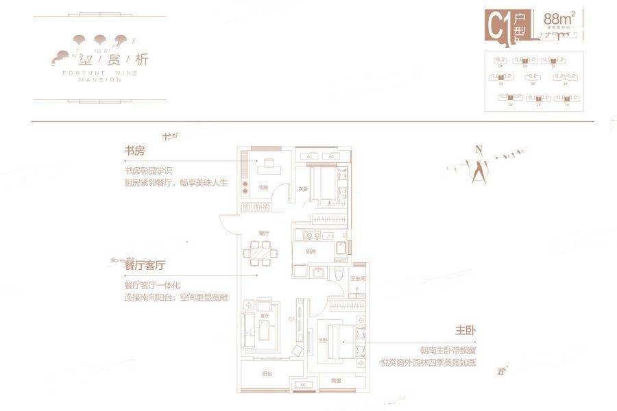 富田城九鼎公馆3室2厅1卫88㎡户型图