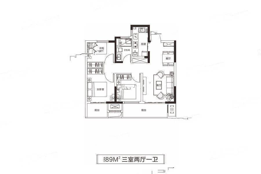 大正水晶森林3室2厅1卫89㎡户型图