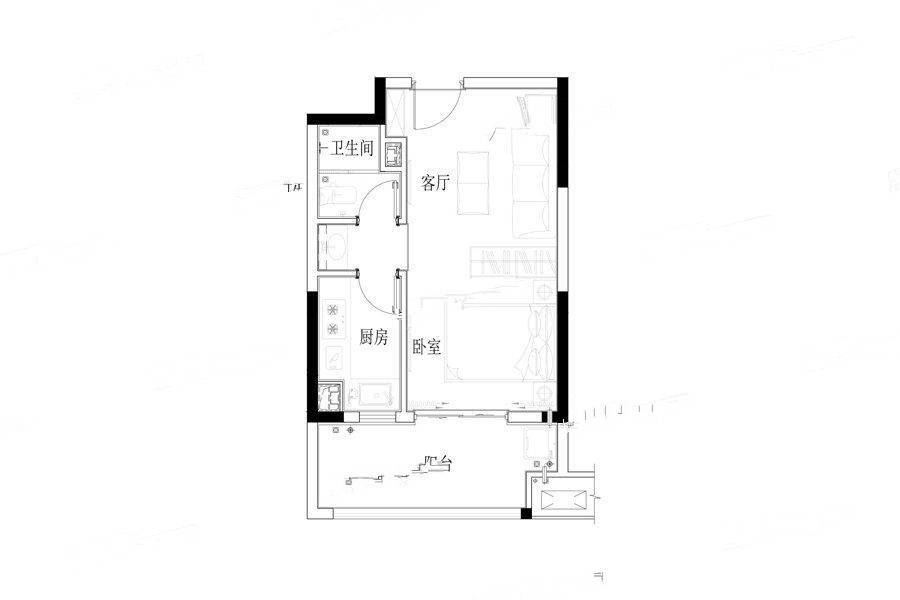 美麟国际公馆1室1厅1卫46㎡户型图