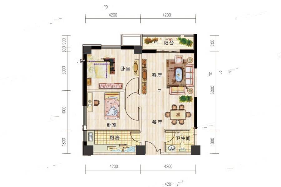 金马公馆二期2室2厅1卫98㎡户型图