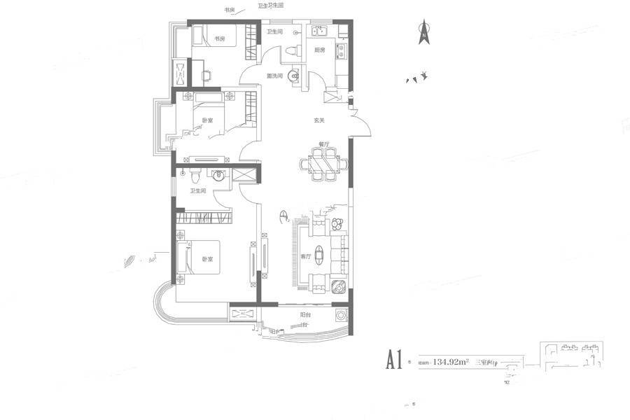 腾威城3室2厅1卫134.9㎡户型图