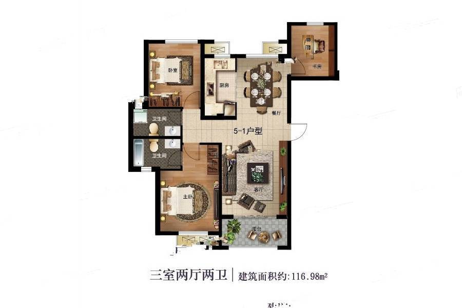 紫荆半岛东郡3室2厅2卫117㎡户型图