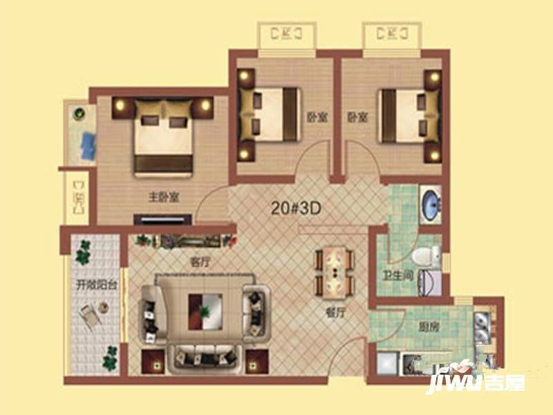 祝福红城3室2厅1卫89.2㎡户型图