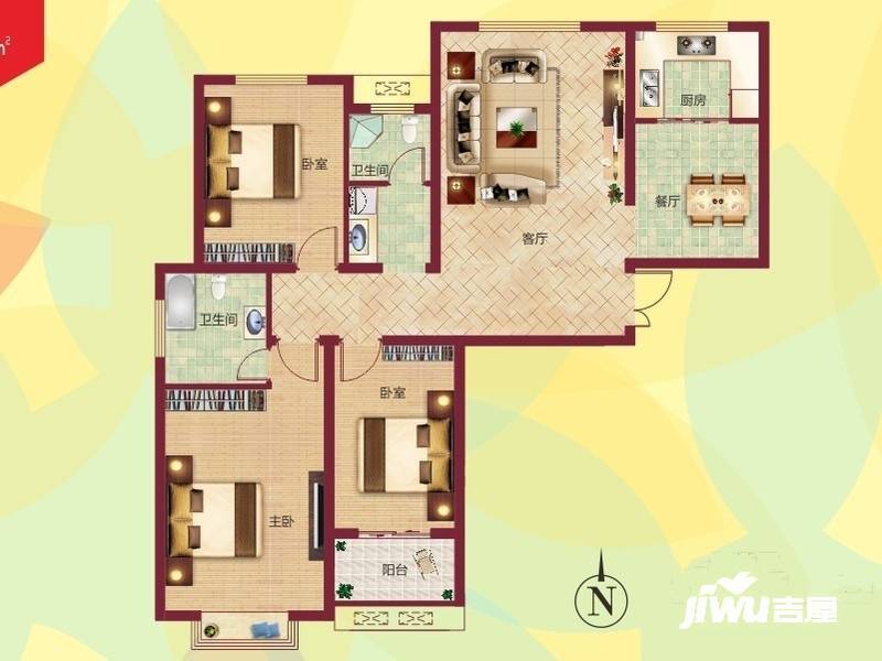 祝福红城3室2厅2卫122.8㎡户型图