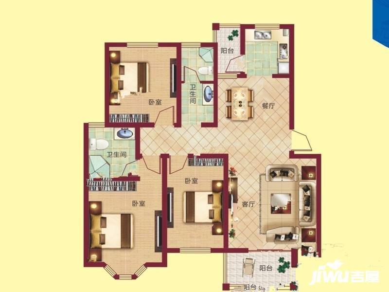 祝福红城3室2厅2卫124.8㎡户型图