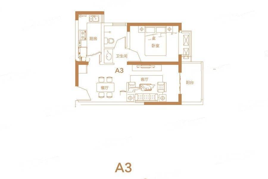 五建新街坊1室2厅1卫56.7㎡户型图