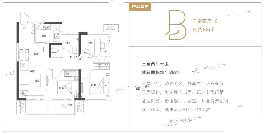 永威溪樾3室2厅1卫88㎡户型图