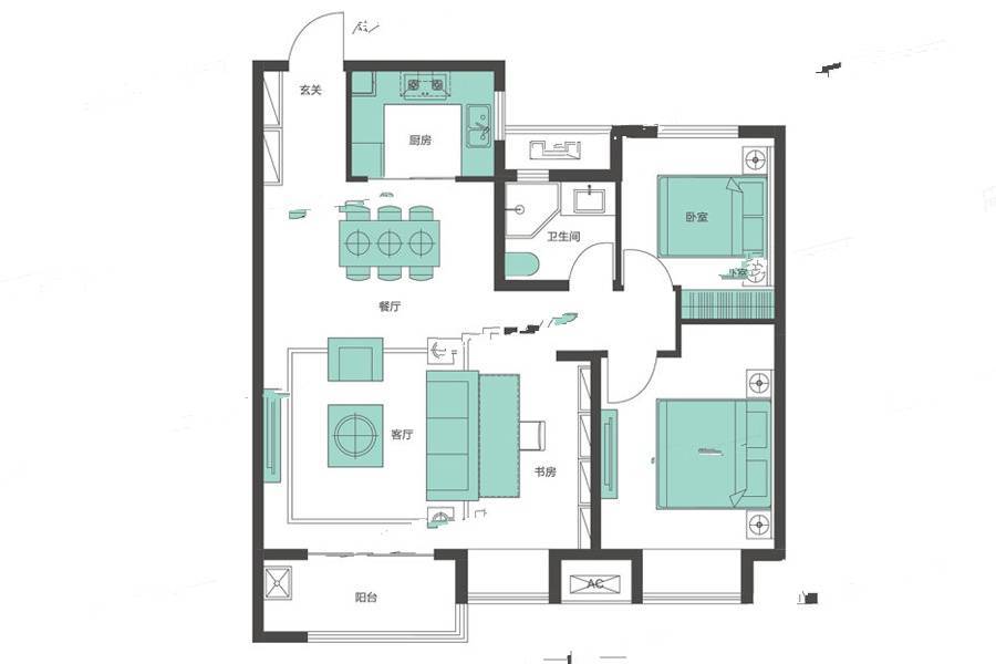 建业电影小镇之橙园2室2厅1卫100㎡户型图