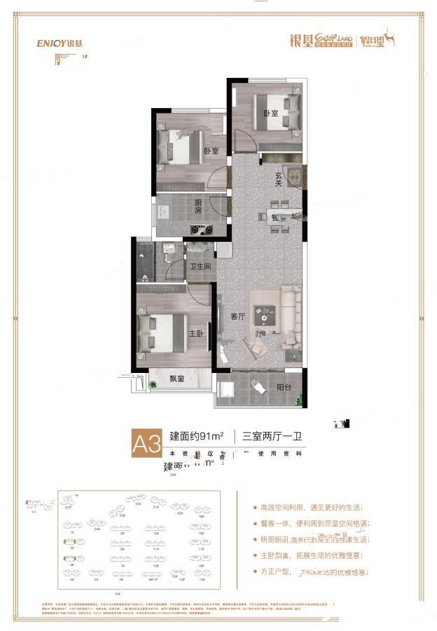 融创银基国际旅游城3室2厅1卫91㎡户型图