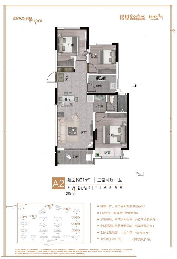 融创银基国际旅游城3室2厅1卫91㎡户型图