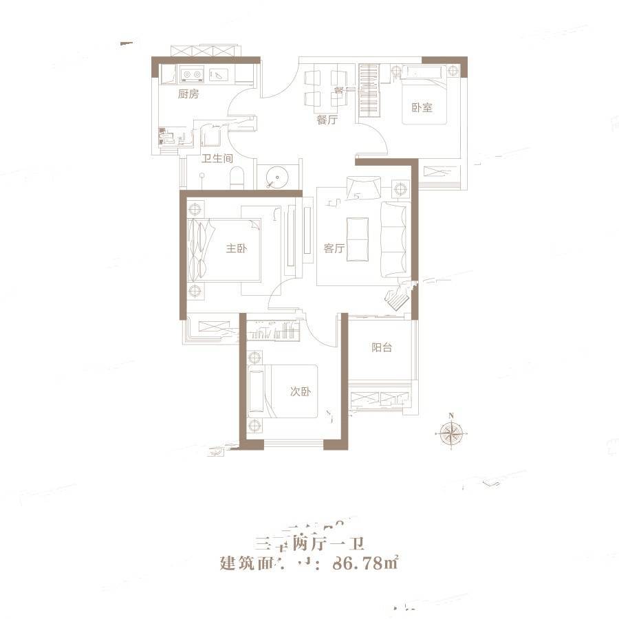 金水世纪城3室2厅1卫86.8㎡户型图