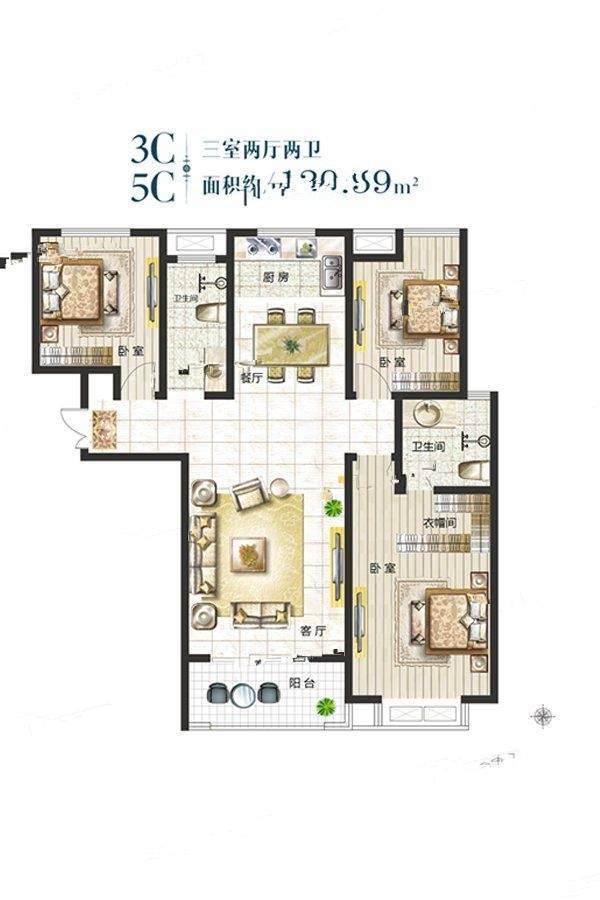 弘基幸福里3室2厅2卫129.6㎡户型图