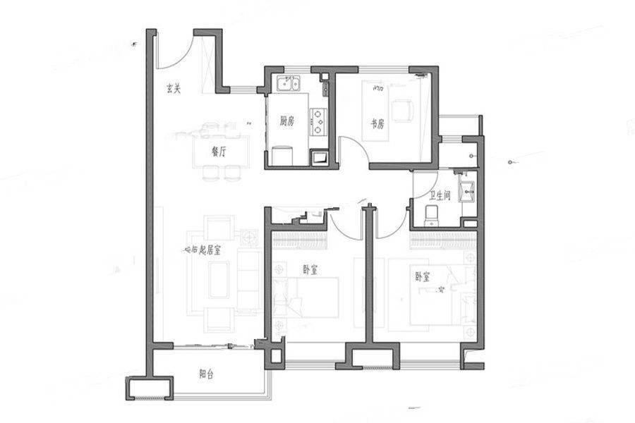 海门保利云禧3室1厅1卫100㎡户型图