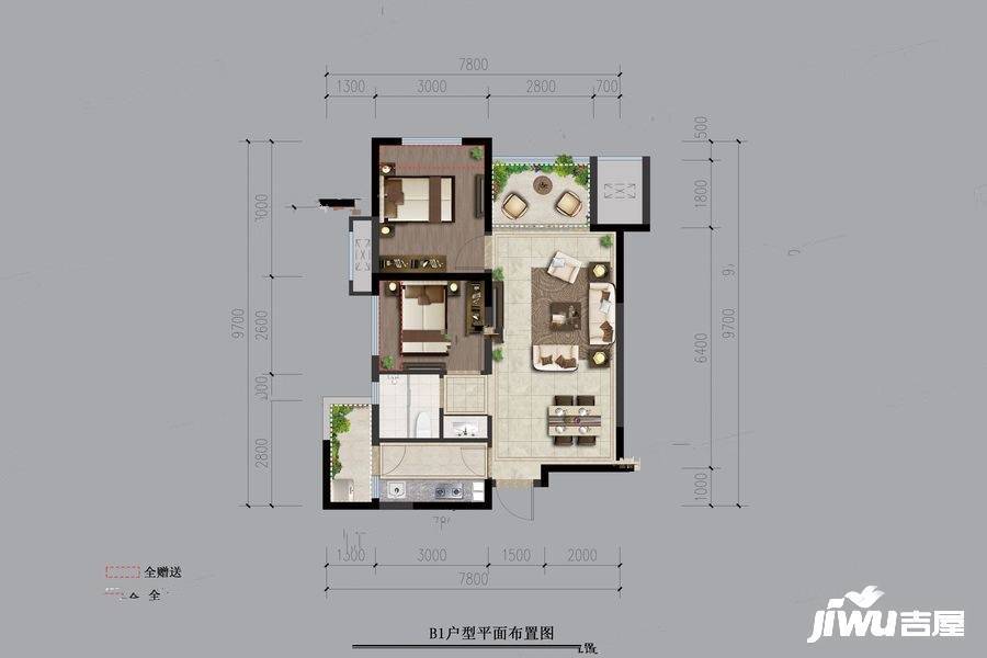 鼎能龙阳御府2室2厅1卫63㎡户型图