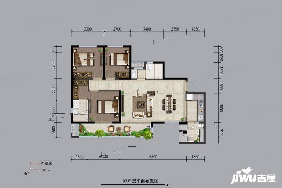 鼎能龙阳御府3室2厅2卫103㎡户型图