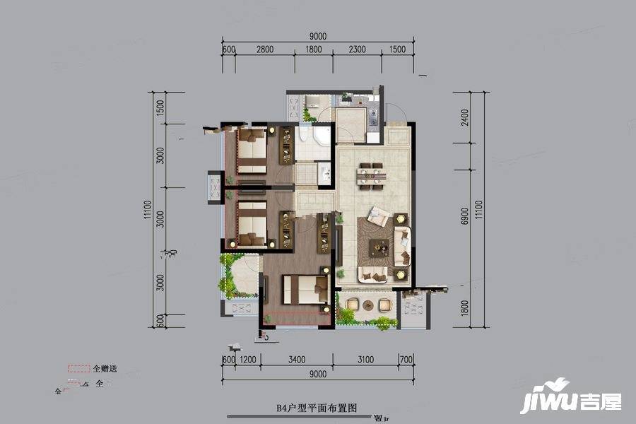 鼎能龙阳御府3室2厅1卫91㎡户型图