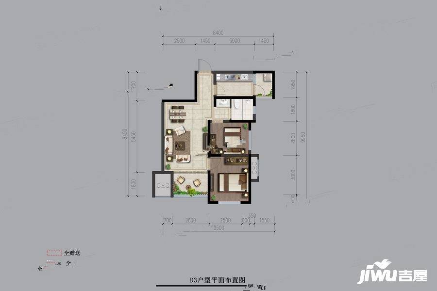 鼎能龙阳御府2室2厅1卫65㎡户型图