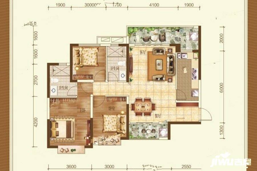 恒大城3室2厅2卫121.4㎡户型图