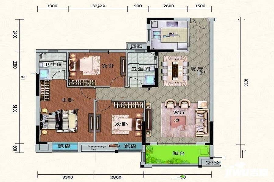 龙凤生态城安澜园3室2厅2卫107.3㎡户型图