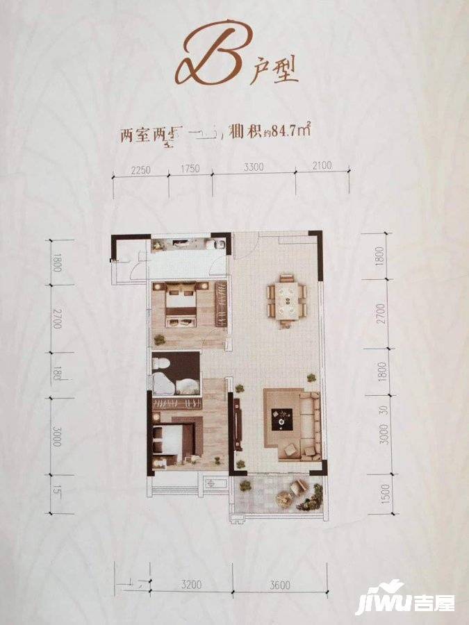 腾龙御水湾2室2厅2卫85㎡户型图