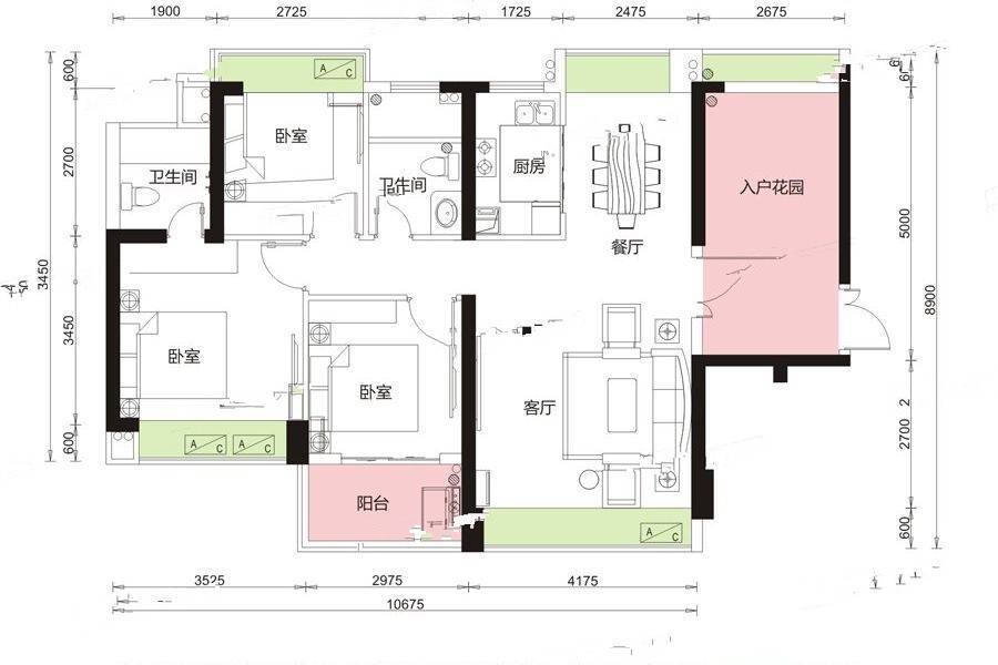 晓江川雅园2室2厅2卫102.8㎡户型图