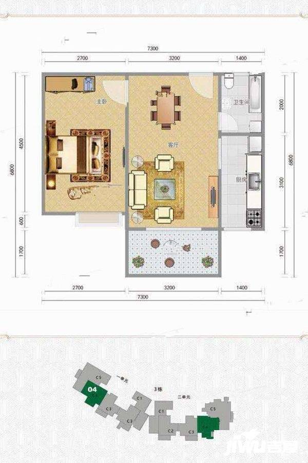 园辉红树湾1室1厅1卫49㎡户型图