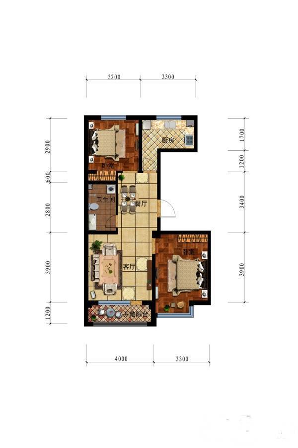 鑫泰蓝湾国际2室2厅1卫80.7㎡户型图