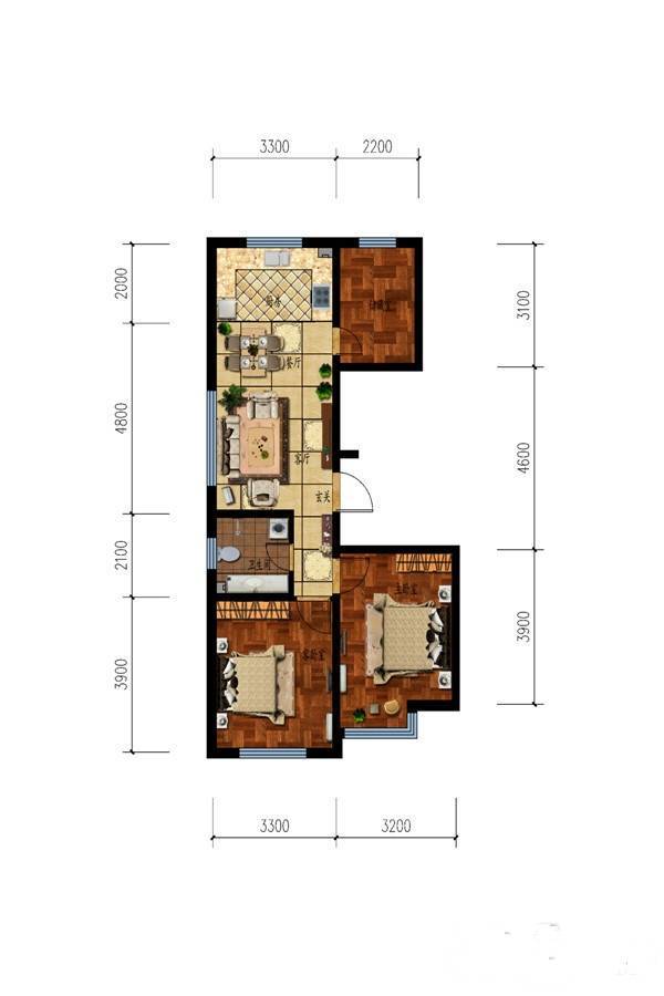 鑫泰蓝湾国际3室2厅1卫80.5㎡户型图