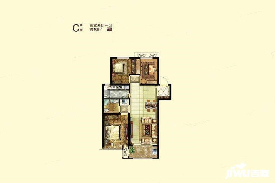 鹏润美墅家3室2厅1卫108㎡户型图