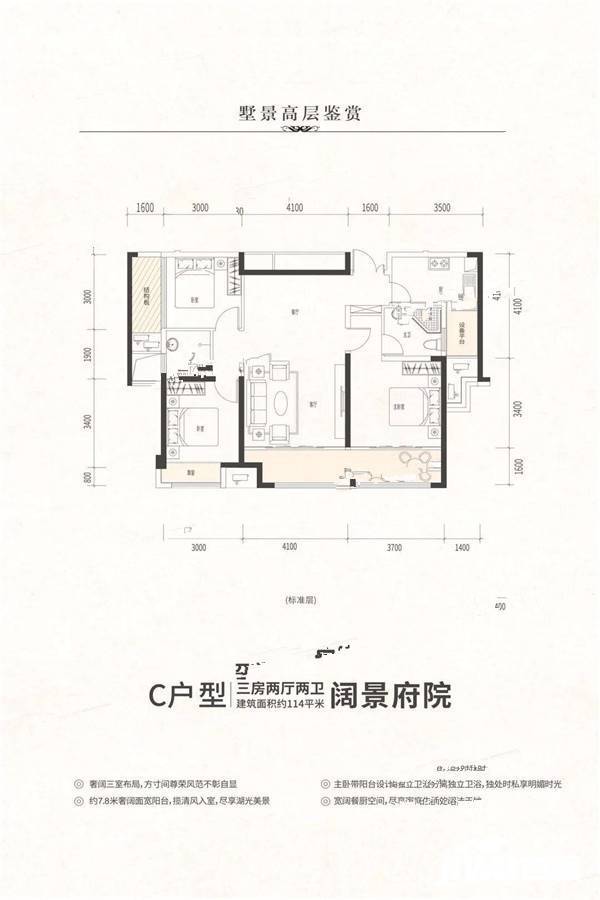 汉寿万达广场公园世家3室2厅2卫114㎡户型图
