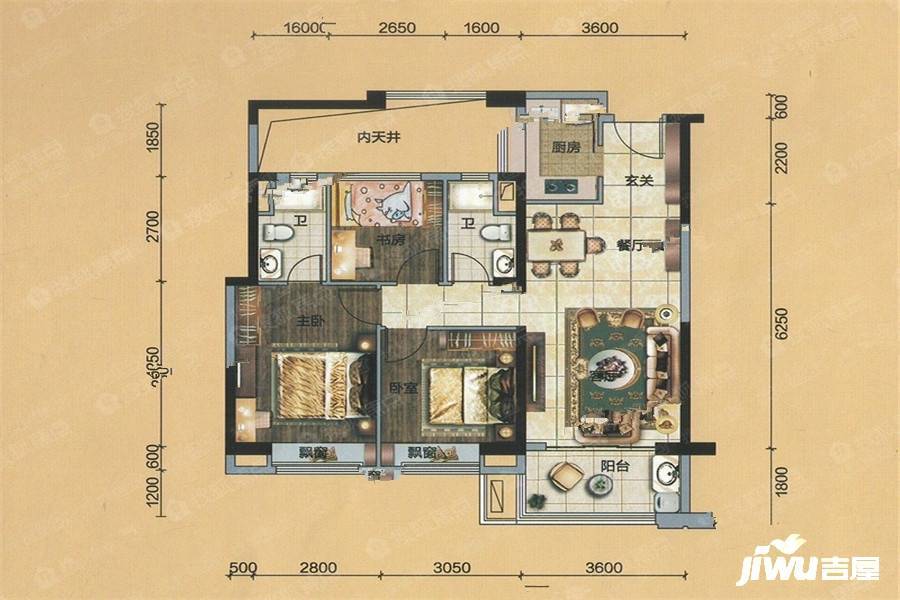 碧桂园中央花园2室2厅2卫95㎡户型图