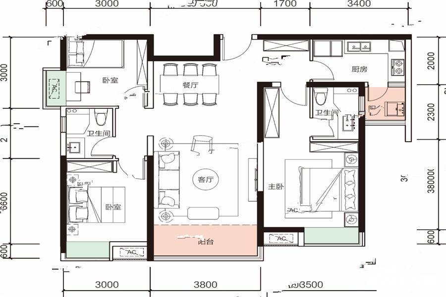 常德奥园誉景湾3室2厅2卫113㎡户型图