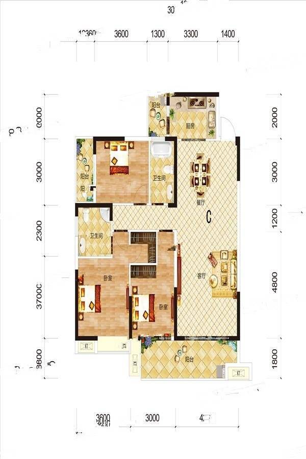 雅士林御苑3室2厅1卫130.8㎡户型图