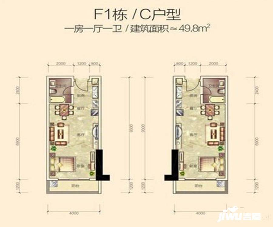 开元盛世华城1室1厅1卫49.8㎡户型图