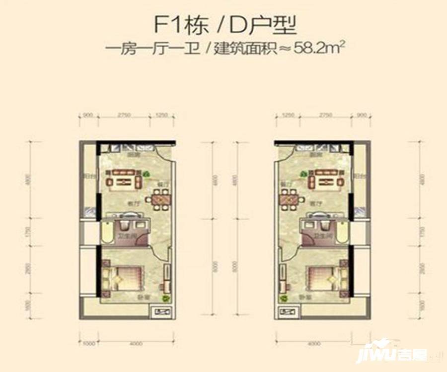 开元盛世华城1室1厅1卫58.2㎡户型图