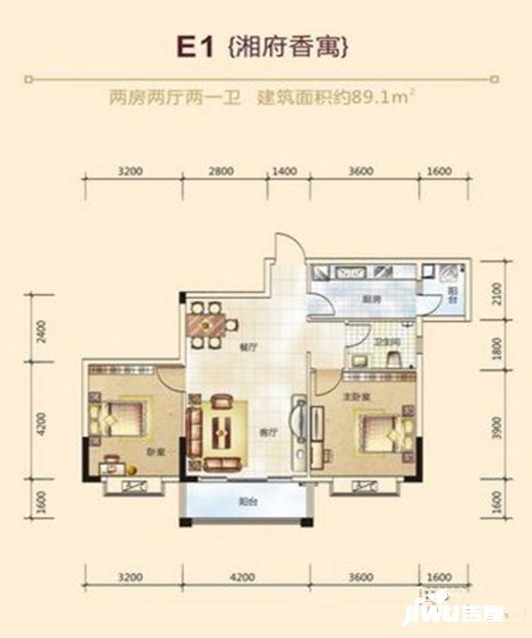 开元盛世华城2室2厅1卫89.1㎡户型图