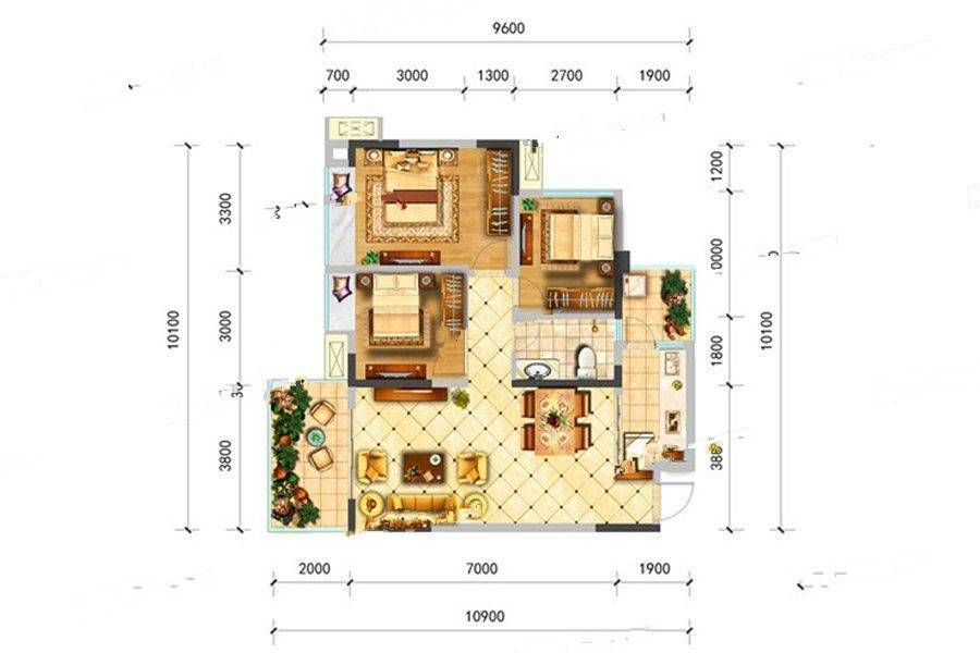 中央华府3室2厅1卫96.4㎡户型图