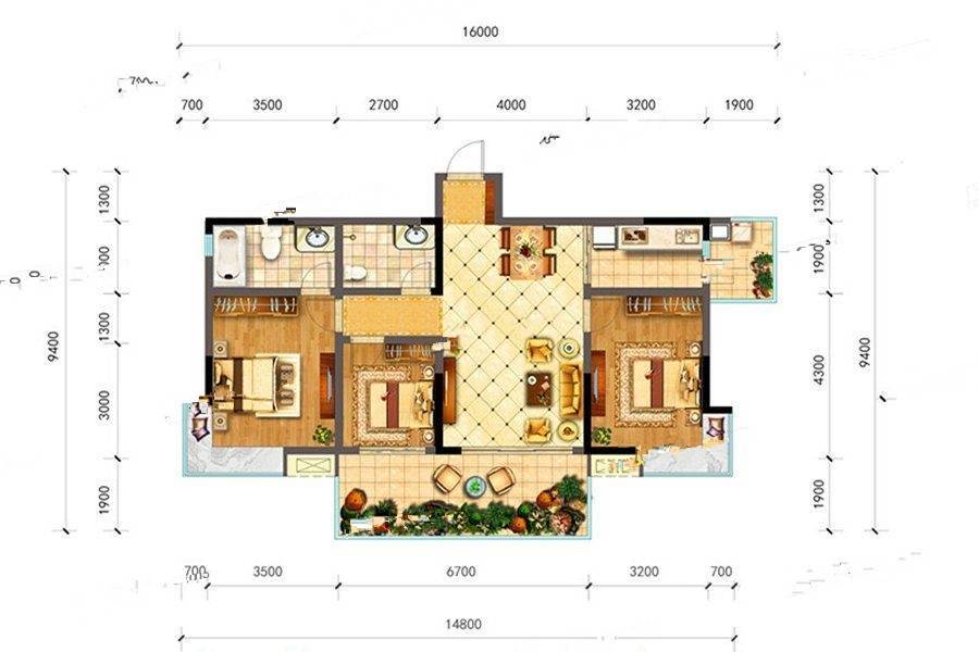 中央华府3室2厅2卫113.5㎡户型图