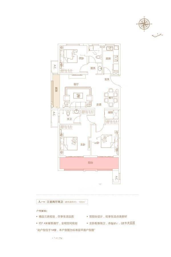 中骏雍景湾3室2厅2卫120㎡户型图