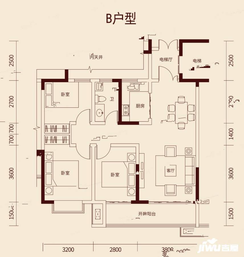 宏矗龙铂郡3室2厅1卫105㎡户型图