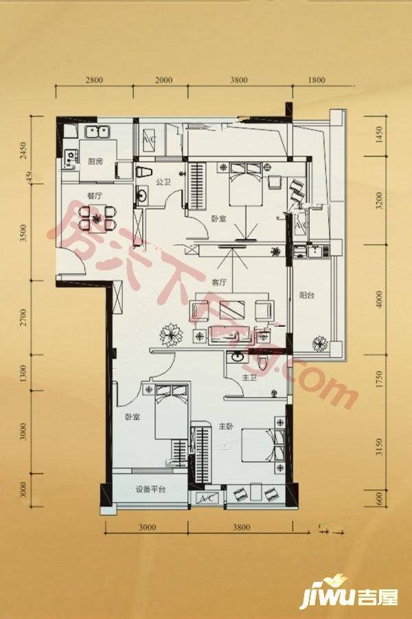 金紫名邦花园一区3室2厅2卫116㎡户型图