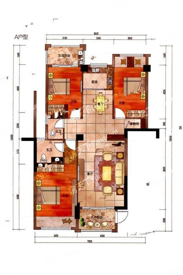 国瑞园3室2厅2卫126㎡户型图