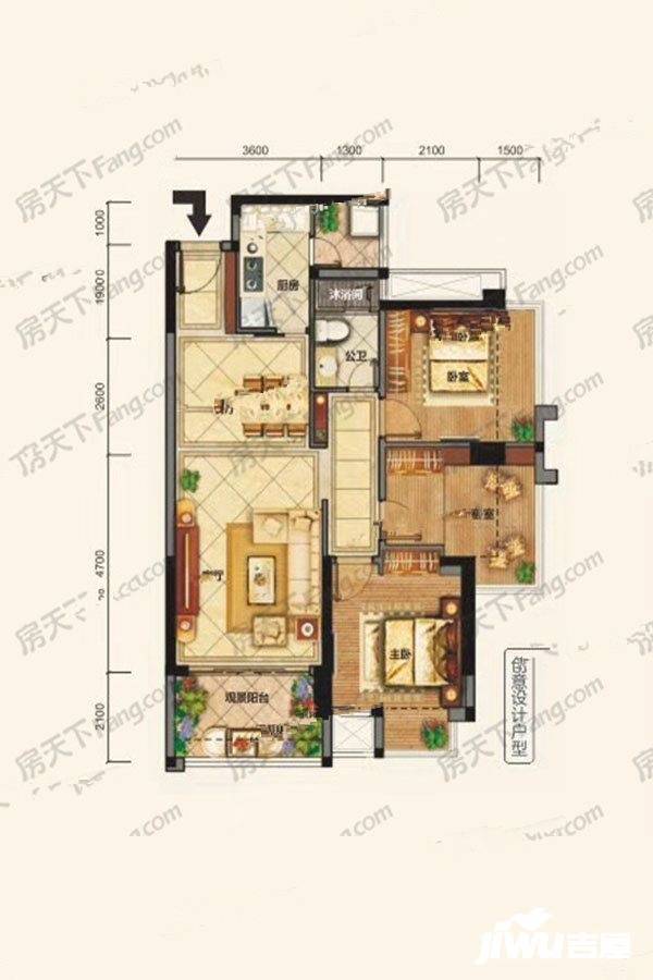 天合名门豪庭3室2厅1卫90㎡户型图