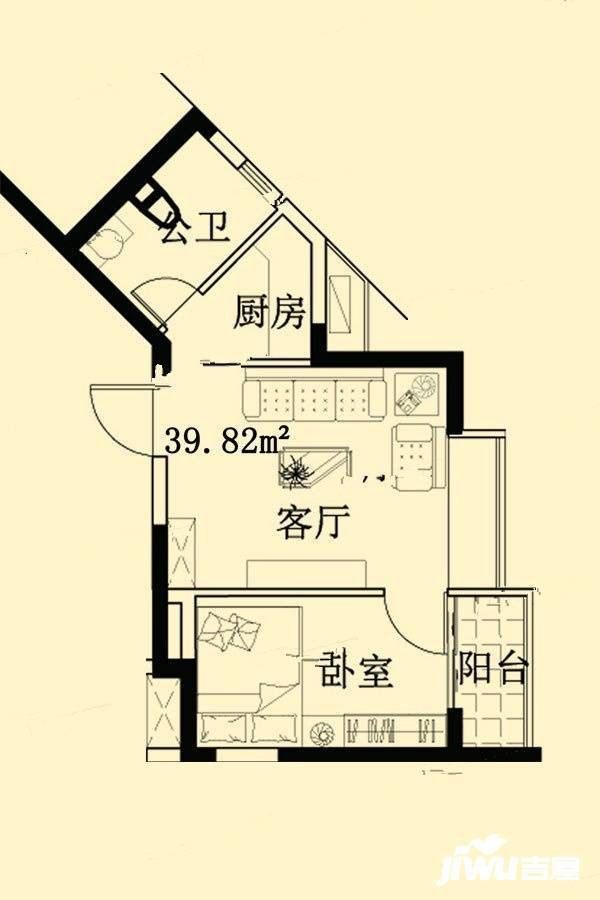 江南梅湾1室1厅1卫39.8㎡户型图