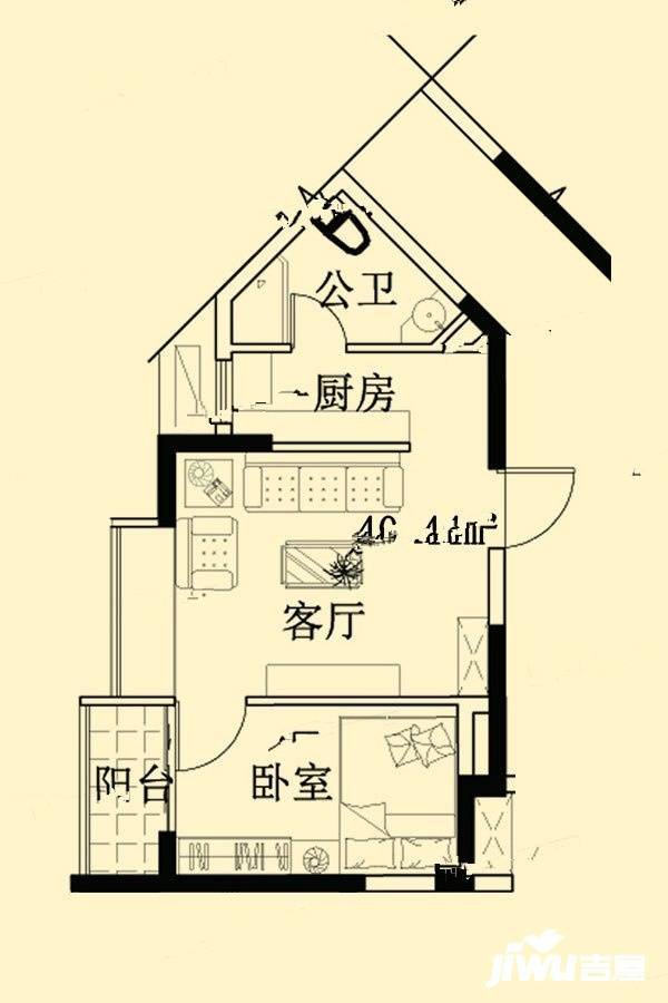 江南梅湾1室1厅1卫40.4㎡户型图