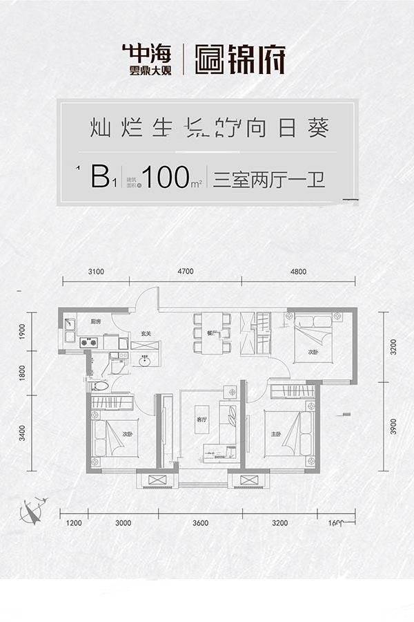 中海雲鼎大观锦府3室2厅1卫100㎡户型图