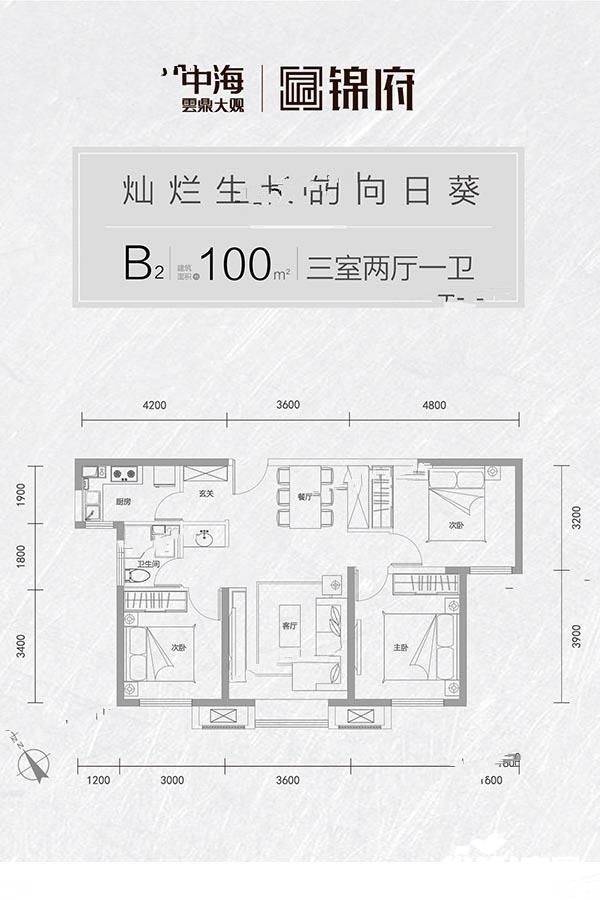 中海雲鼎大观锦府3室2厅1卫100㎡户型图