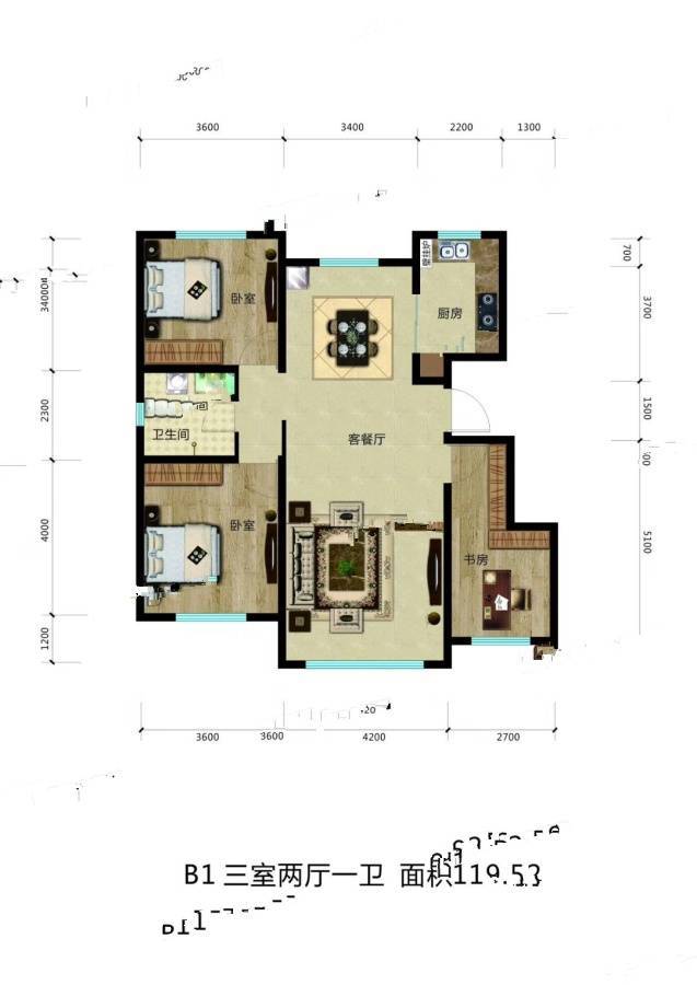 紫美雅和3室2厅1卫119.5㎡户型图