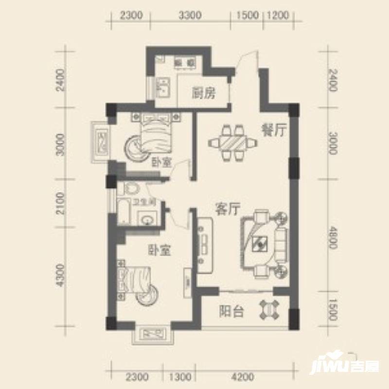 盛和广场2室2厅1卫90.4㎡户型图